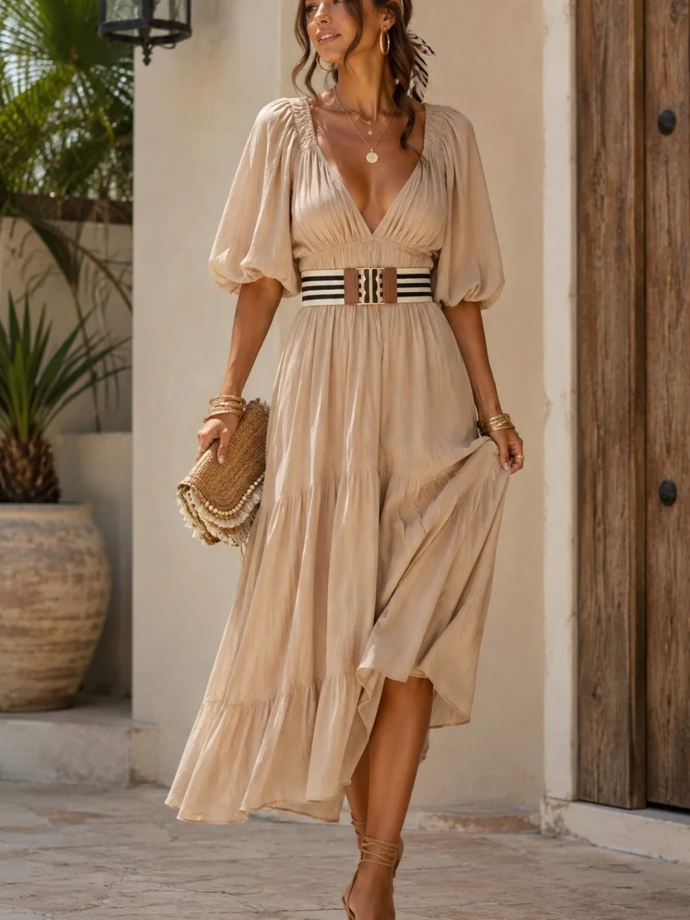 One Size Stretch Belt Neutral Colors Cream/ Ivory And Black